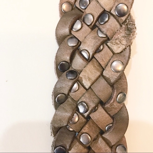 Buckle Braided Woven Brown Leather Studded Belt - Picture 4 of 5